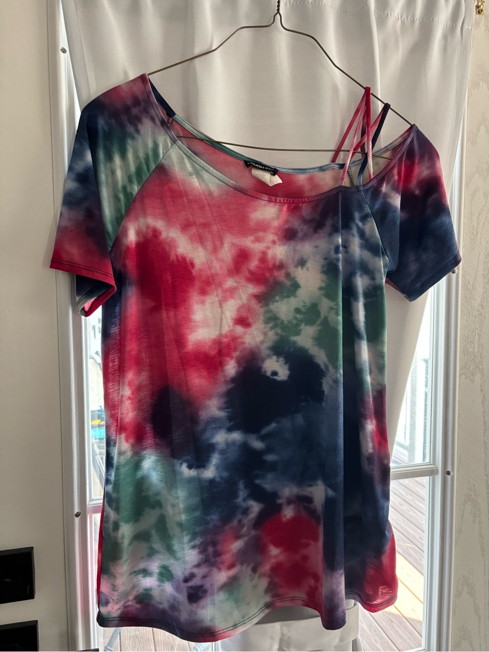 Women's Tie-Dye Short Sleeve Scoop Neck Top - Pink, Blue & Green